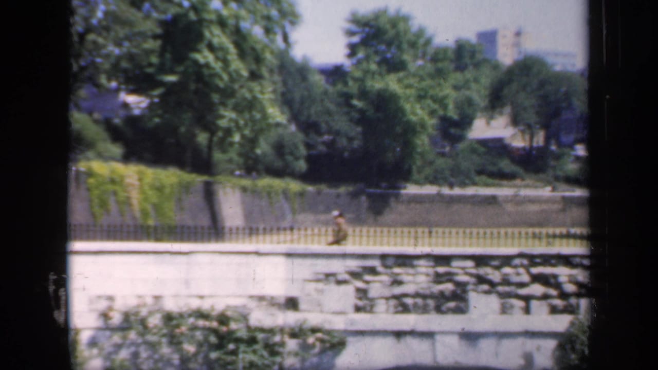 Tree-lined park edge with wall, yellow fence, and a small person walking near the path.
