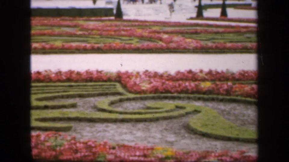 1949 France 8mm frame showing low clipped hedges and red flower borders arranged in a formal parterre beside pale garden paths.