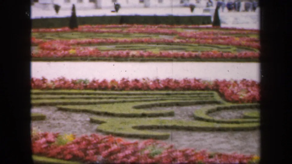 1949 France 8mm frame of geometric hedge patterns, pink flowerbeds, pale paths, and a few distant visitors within a formal garden setting.