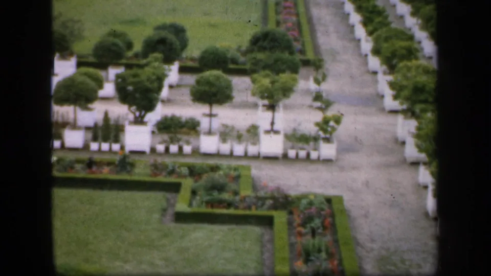 1949 home-movie view looking over Versailles formal gardens, showing clipped trees, geometric paths, flowerbeds, hedges, and lawns.