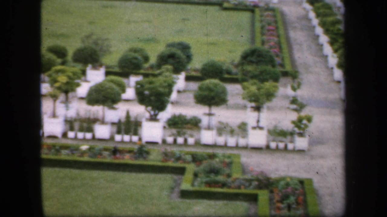 Elevated view of clipped hedges, lawn, gravel paths, and rows of potted topiary trees.