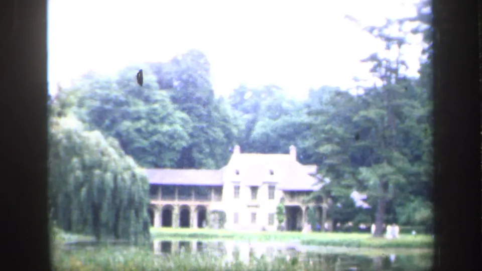 1949 France 8mm frame showing a wider chateau view across a pond, with a willow-like tree, surrounding woods, and bright exposure.