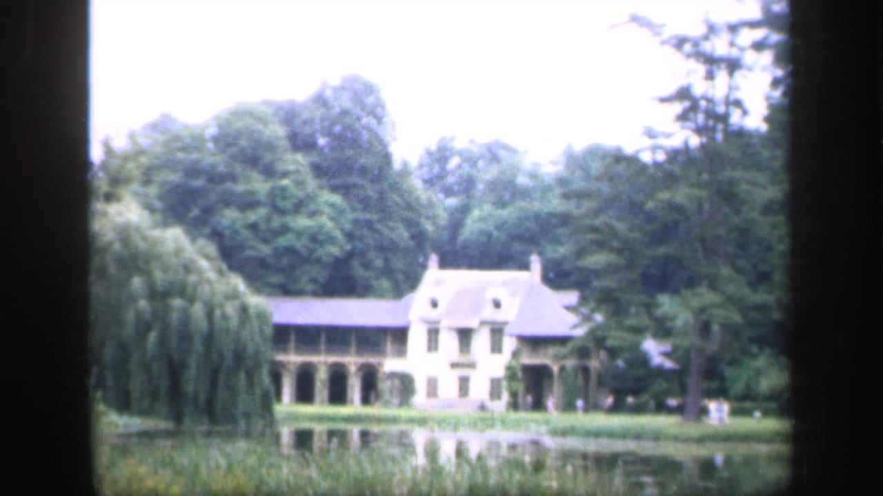 Pale chateau beside a pond with trees and a willow.