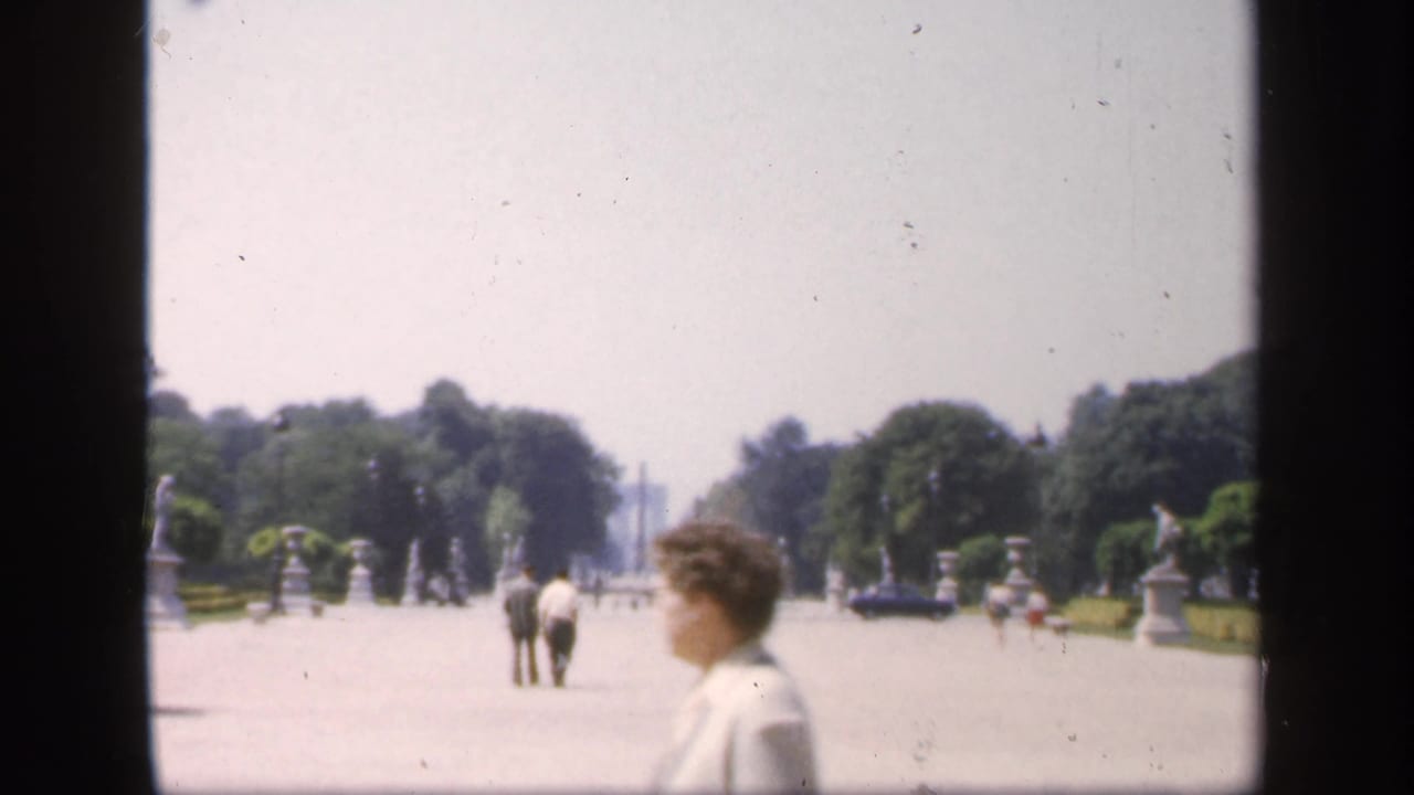 Wide park avenue with trees, statues, distant pedestrians, and a woman passing close to camera.