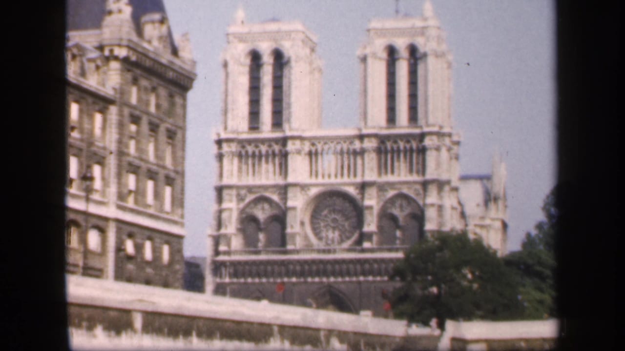 Distant view of Notre-Dame Cathedral with adjacent building and pale sky.