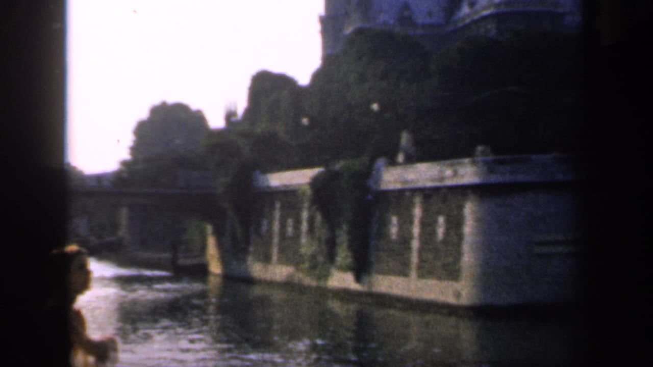 Foreground person near a river with stone walls, trees, and a distant bridge or embankment.