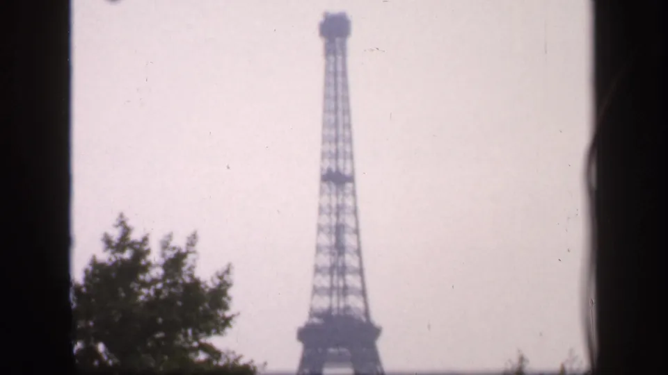 The upward pan shows more of the Eiffel Tower shaft above trees in soft 8mm color.
