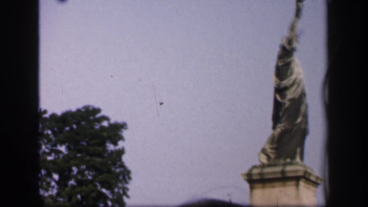 1949 New York 8mm frame showing the Statue of Liberty from the torso upward, with pale sky, tree foliage, and visible film gate edges.