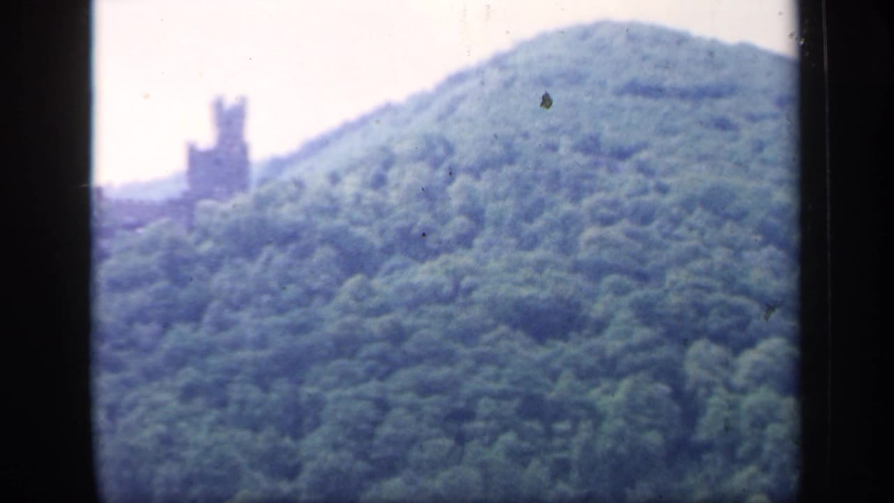 1949 8mm Ireland footage showing a misty wooded hillside with a distant stone tower or castle-like structure near the ridge.
