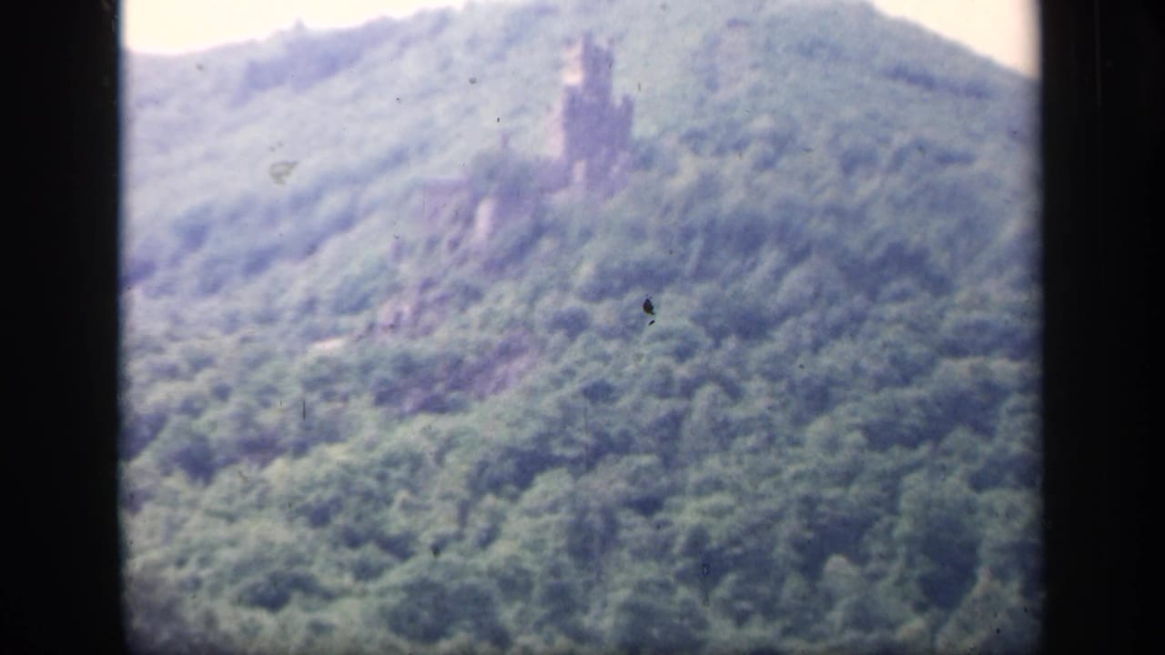 1949 Ireland 8mm frame with the camera closer on a grey stone ruin rising from dense hillside trees.