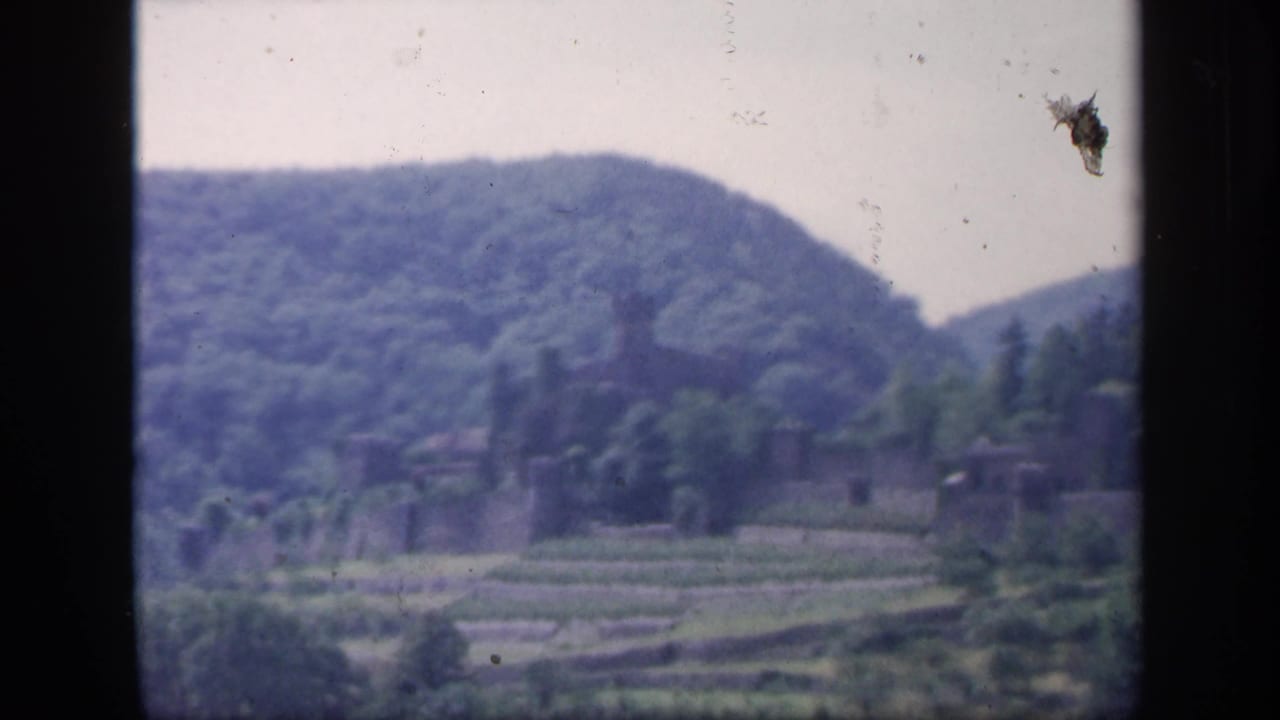 1949 Irish 8mm view of distant castle ruins, terraced green fields, and wooded hills under a pale sky.