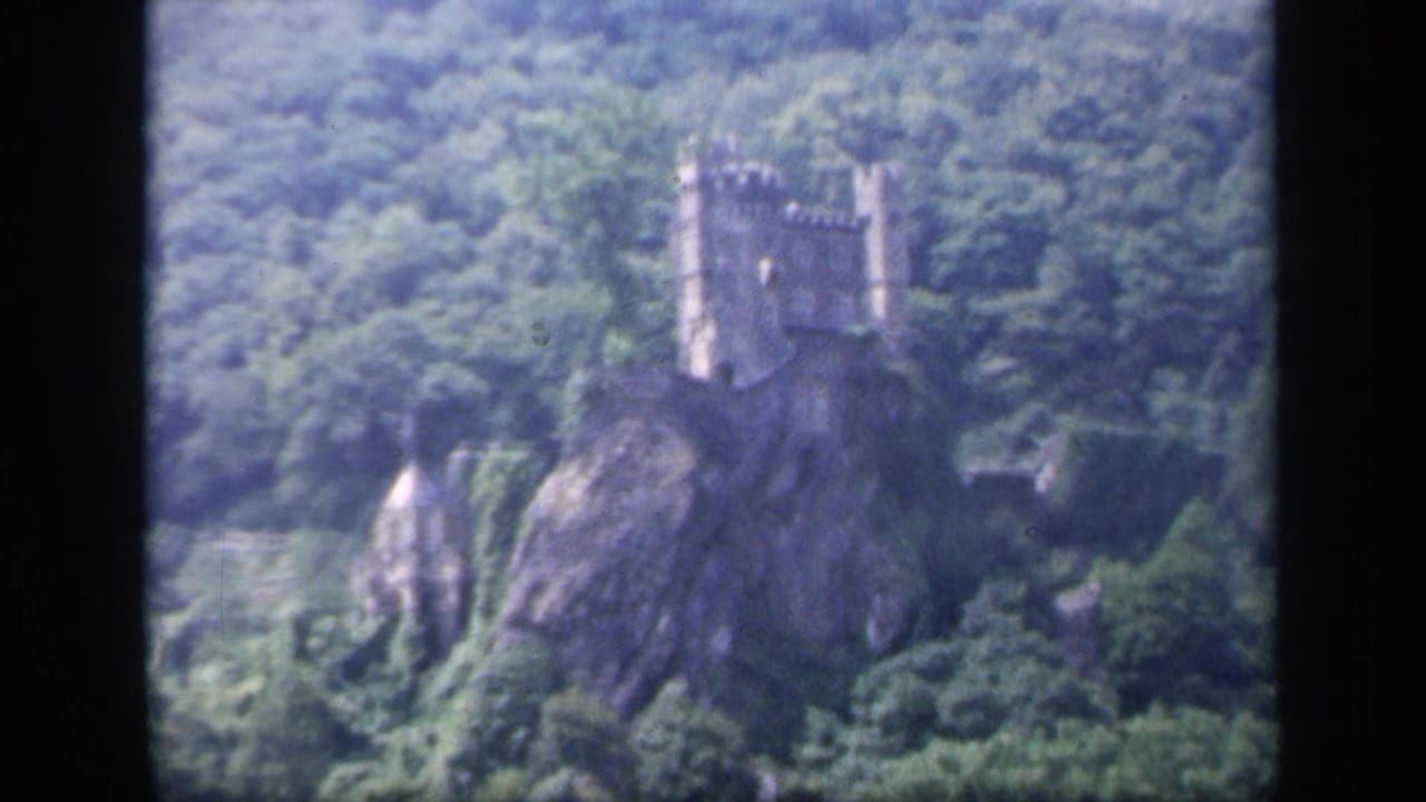 Castle tower and wooded hillside framed from a distant riverside view.