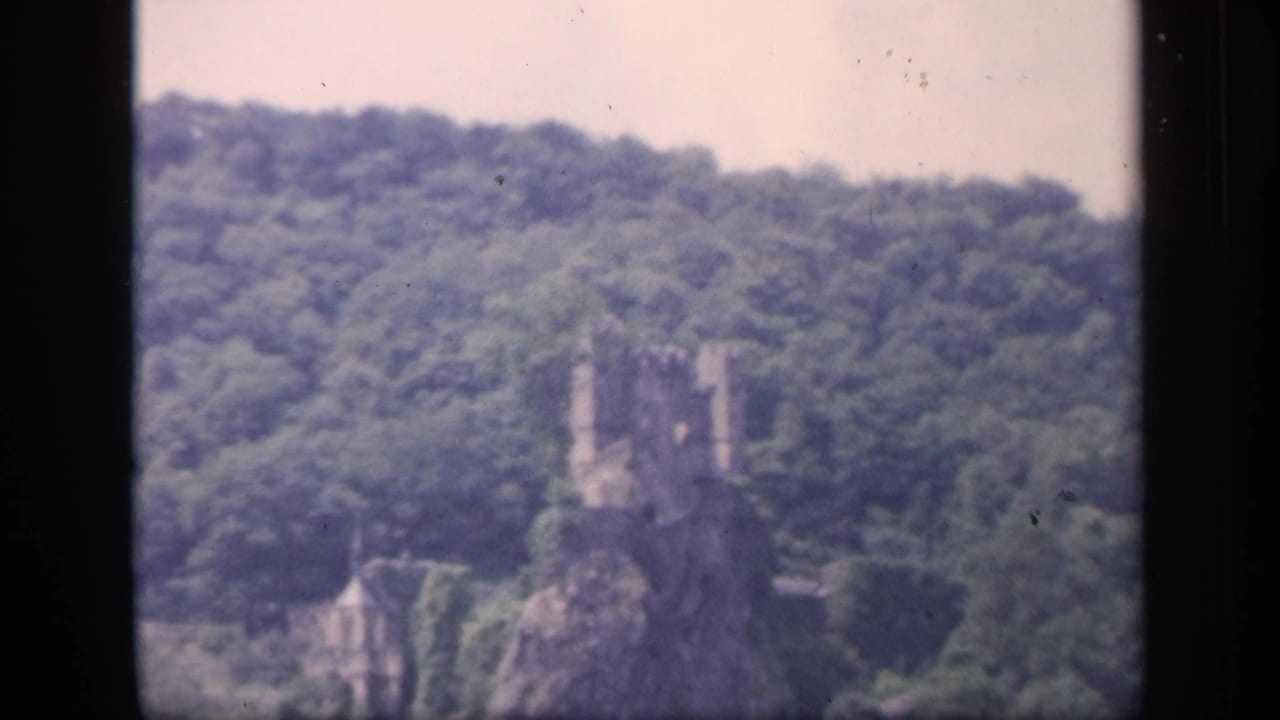 Castle ruin and surrounding trees viewed at a distance through vertical window bars.