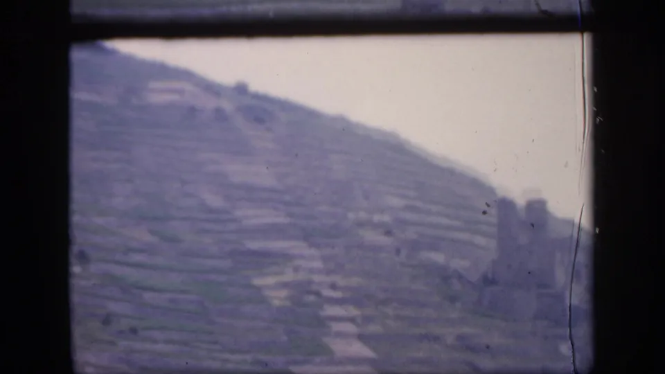1949 Ireland home-movie still showing soft-focus terraced farmland and a stone structure near the lower right edge.
