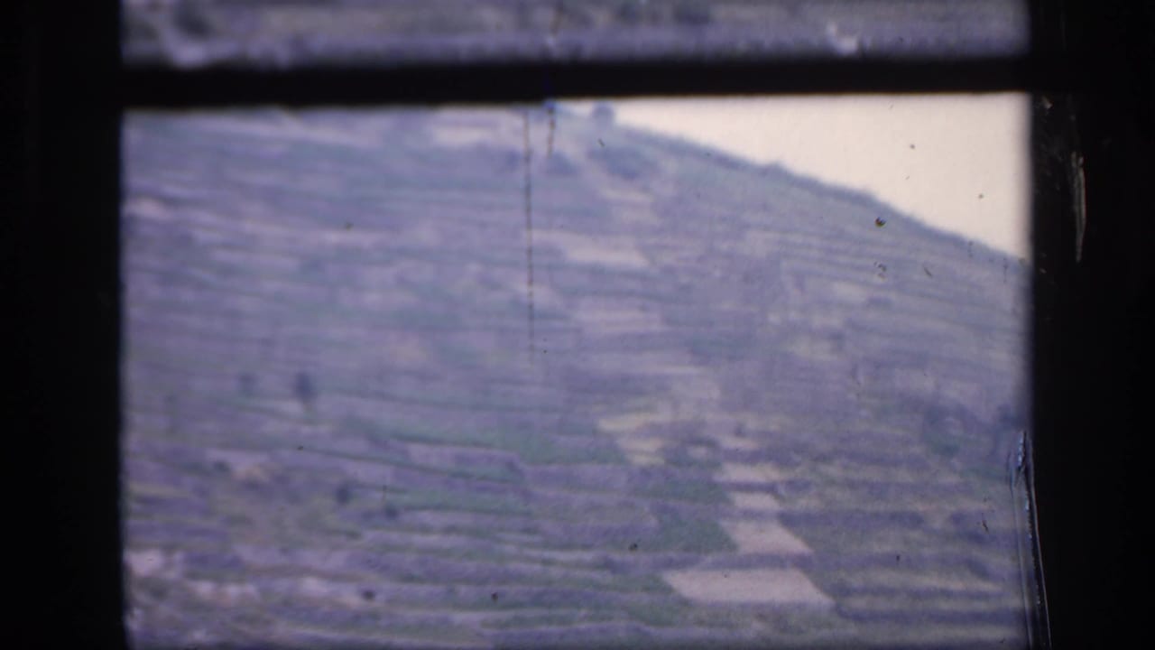 Soft view of terraced green hillside fields beneath a pale sky.