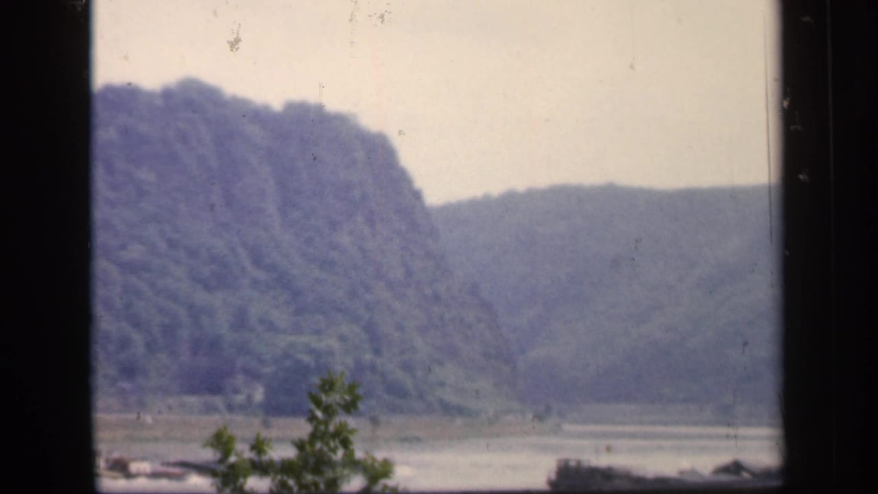 Window-framed view of wooded hills and water with foreground leaves.