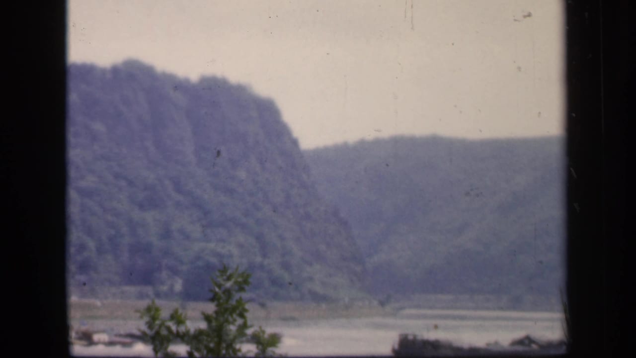 Wooded hillside and water seen through a vertical window frame.