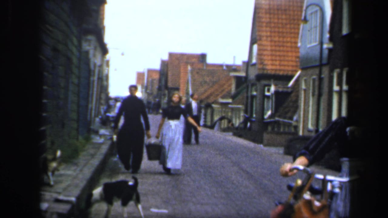 Villagers walk along a narrow street with a dog and houses nearby.