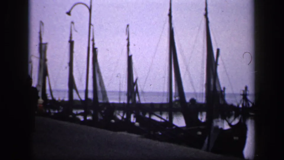 Moored boats and dense masts fill the dockside view, with small silhouetted figures near the water in 1949 Ireland footage.