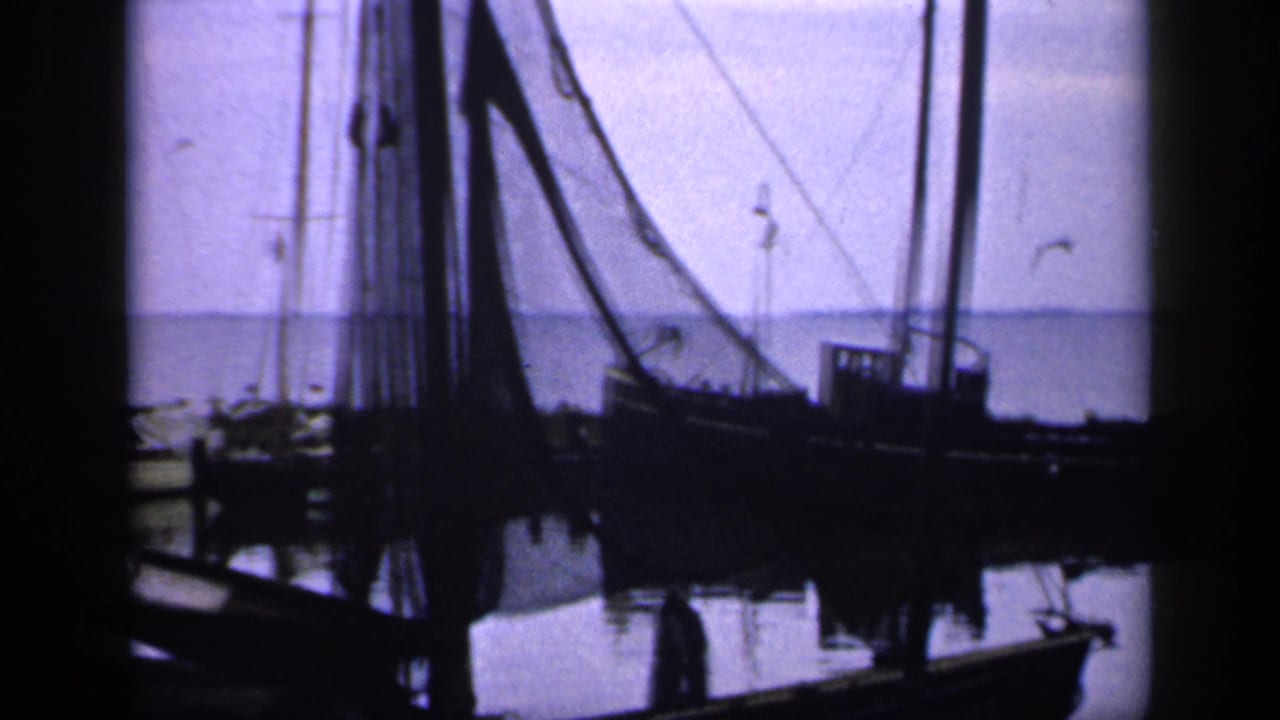 1949 Ireland harbor view with a silhouetted fishing vessel, high rigging, docked boats, calm reflections, and birds crossing the pale sky.