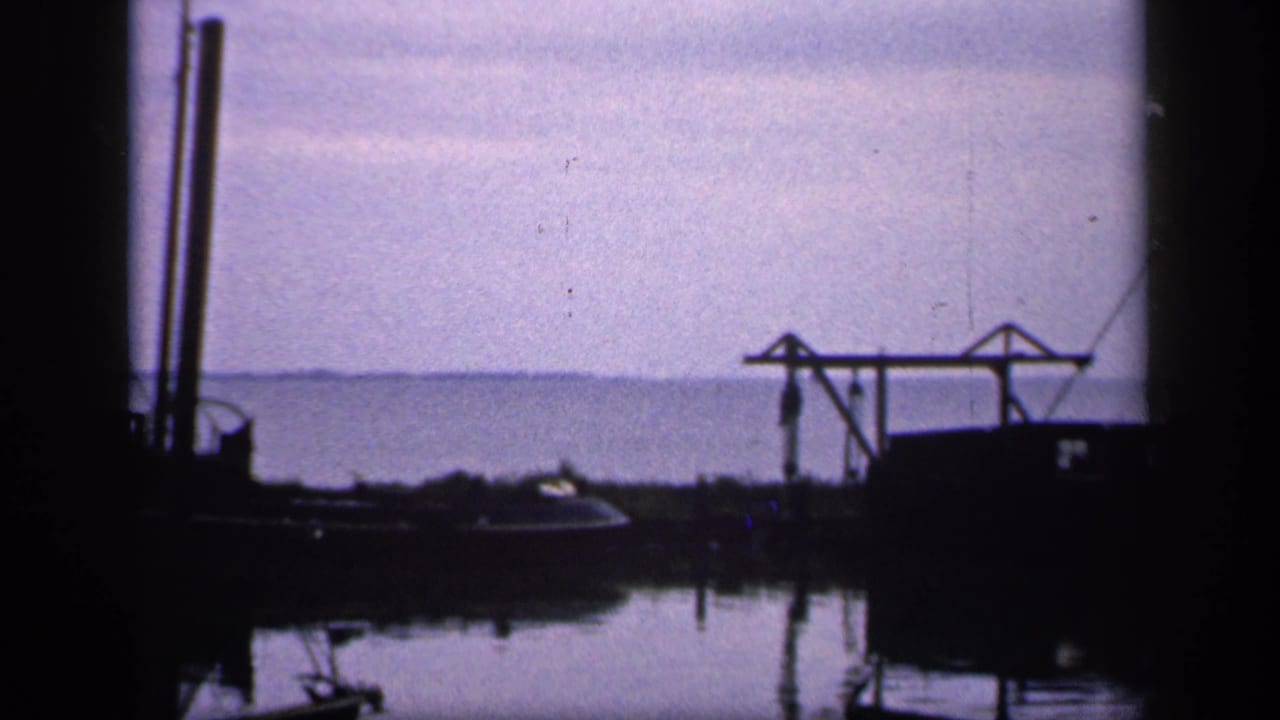 Silhouetted boats and dock equipment across calm harbor water under an overcast sky.