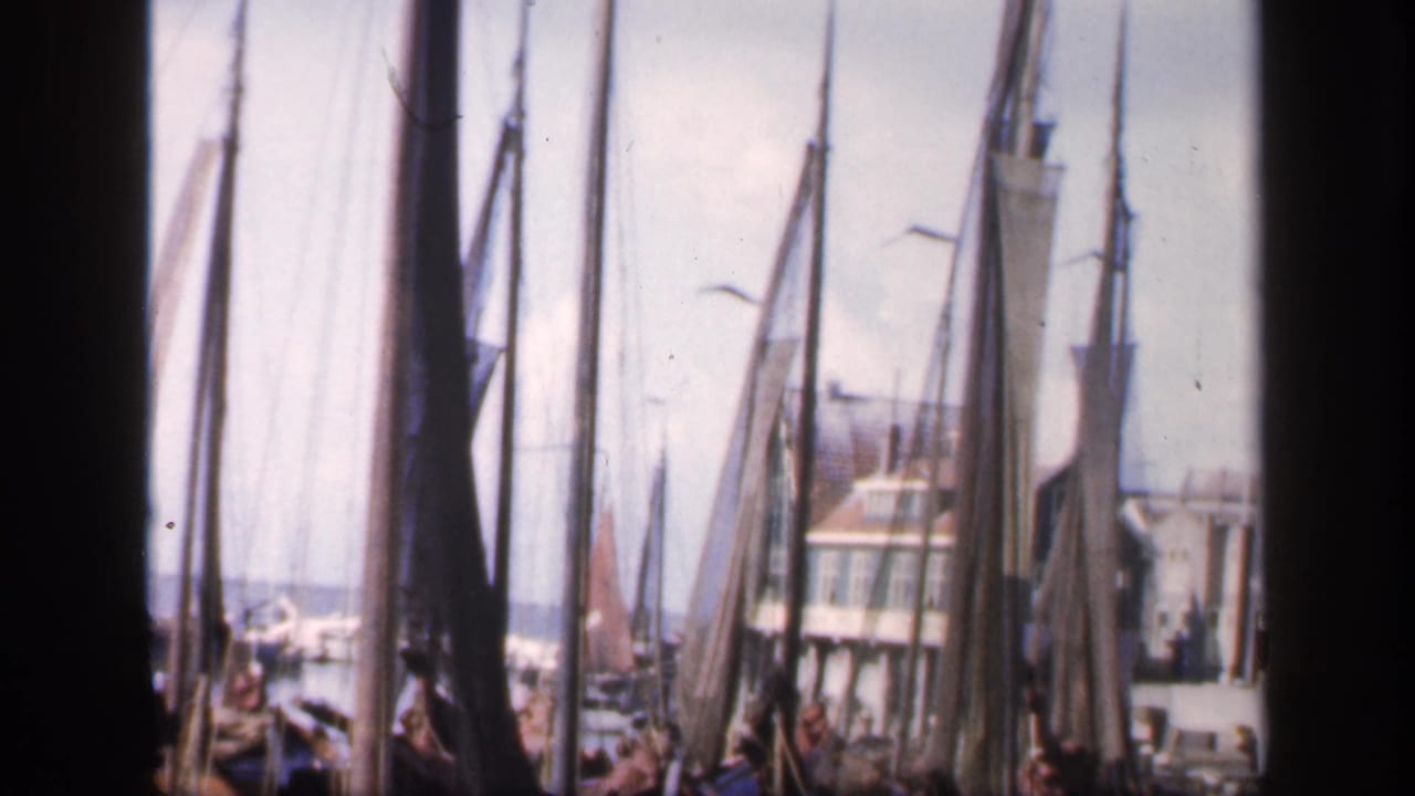 Tall sailboat masts and rigging frame a harbor building near the water.