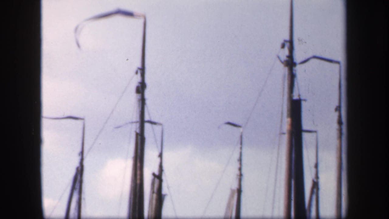 Tall masts, rigging, and lamp posts silhouetted against sky.