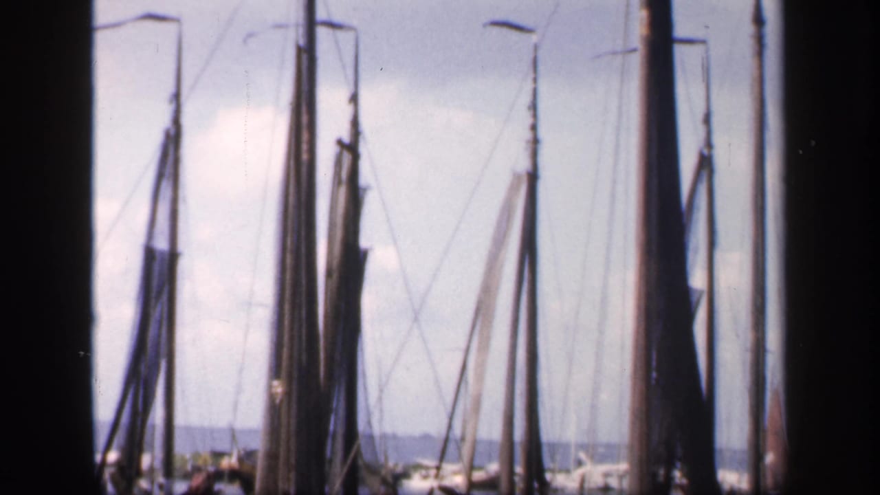 Sailboat masts and rigging beside calm harbor water with a distant shoreline.