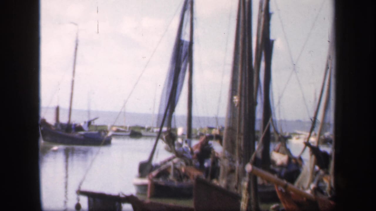 Wooden boats with tall masts moored in a calm harbor.