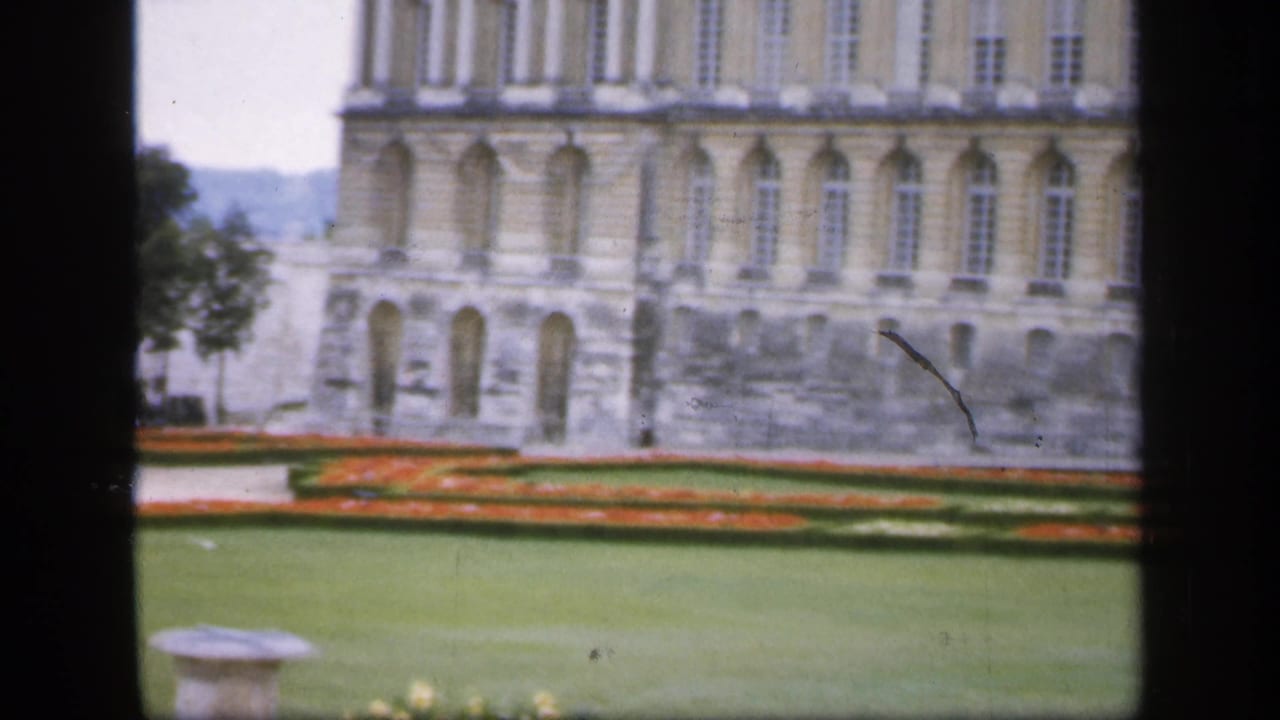 Manicured lawn and geometric flowerbeds in front of a large arched-window building.