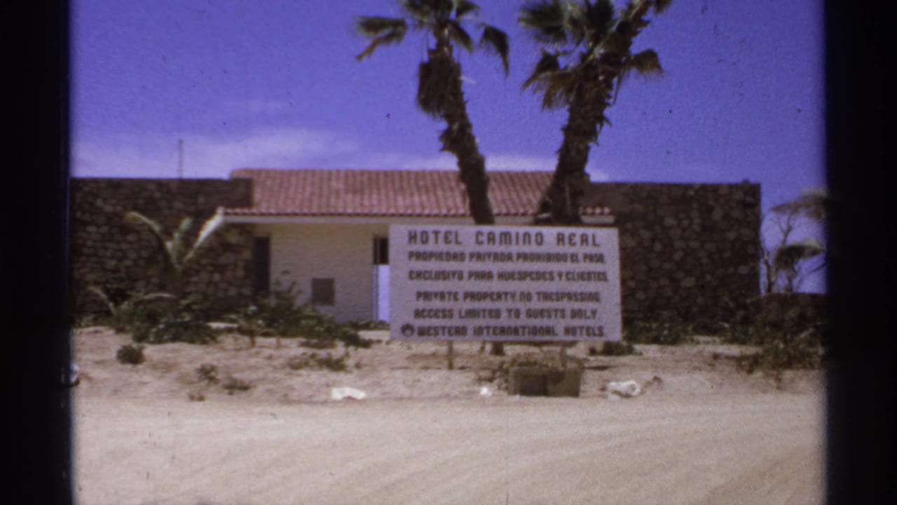 Hotel Camino Real sign stands in front of a low building, palms, and sandy ground.