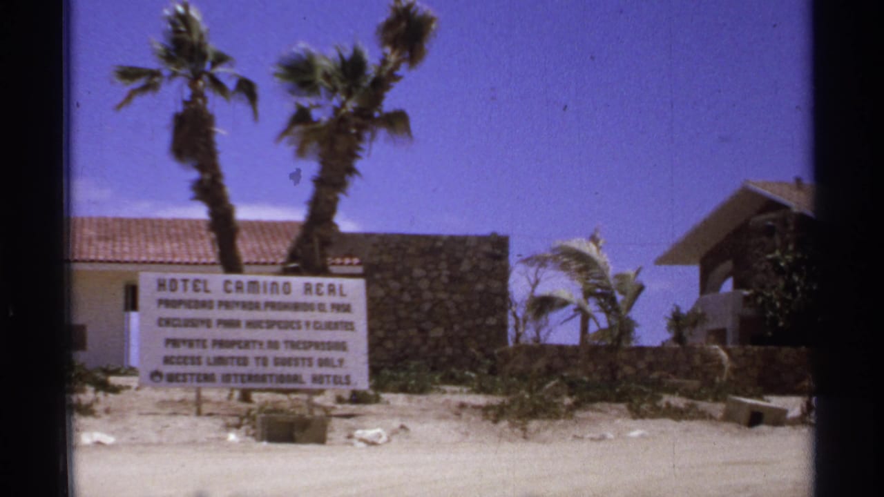 1974 Cabo San Lucas view of the Hotel Camino Real sign with palm trees, a stone wall, sandy foreground, and bright blue sky.