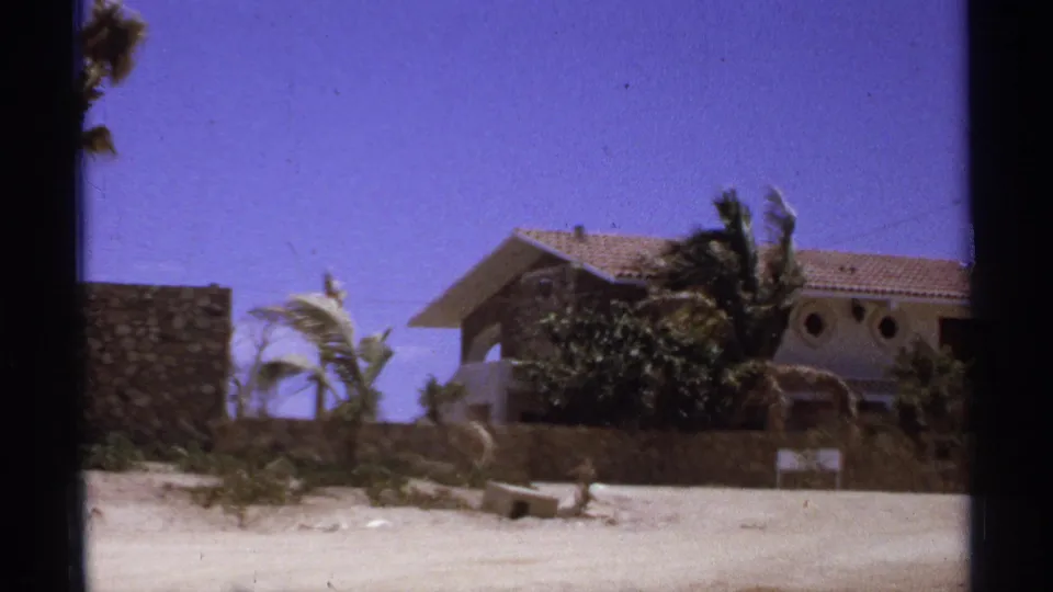 1974 Cabo San Lucas resort exterior with a stone wall, wind-bent palms, sandy roadside, and terracotta-roofed building.
