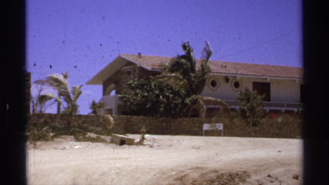 1974 Cabo San Lucas home-movie frame of a low beach house behind a wall, with palm trees moving in bright coastal light.