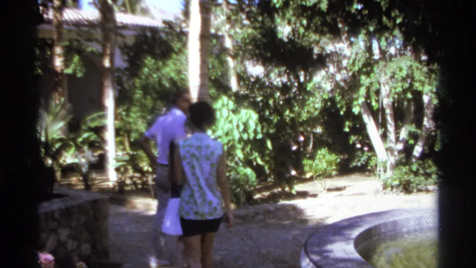 Two adults walk through a tropical garden in Cabo San Lucas, with palm trunks, dense foliage, and a stone fountain nearby.
