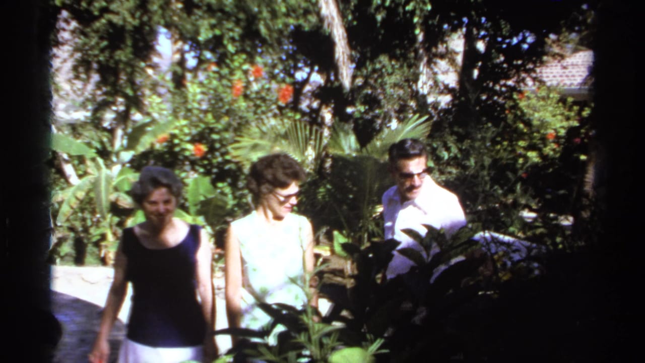 Three adults walk through a sunlit tropical garden with dense foliage and a tiled roof behind them.