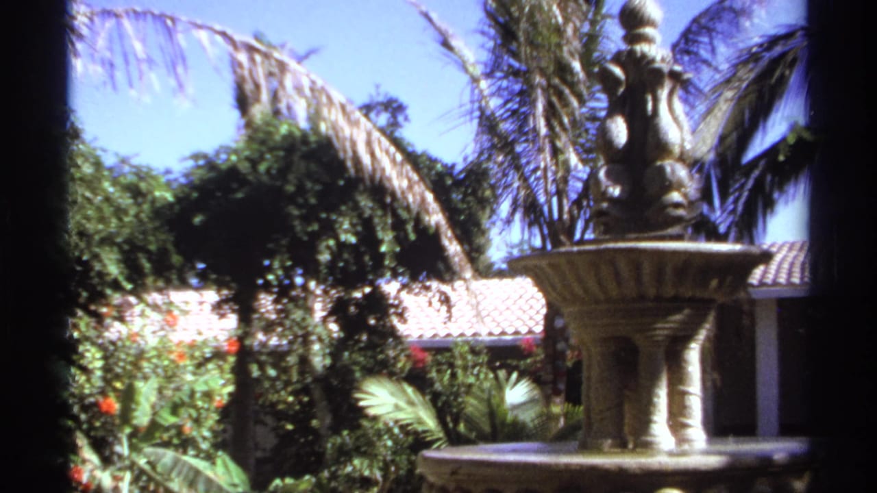 Ornate fountain beside palm fronds, vines and a terracotta-tiled roof.