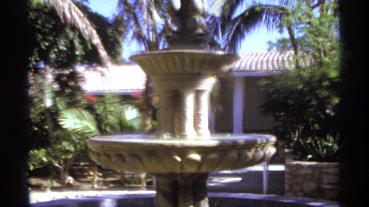 Courtyard fountain with water spilling into a basin, surrounded by palms and garden plants.