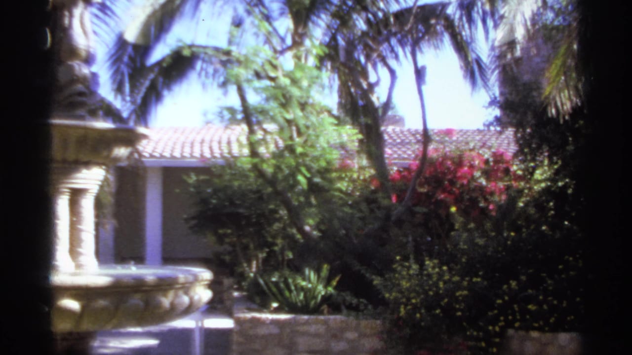 Tropical garden with palms, red flowers, and part of a fountain.