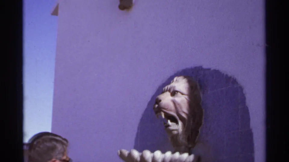 The camera frames a roaring lion-head wall sculpture in Cabo San Lucas, with partial visitors visible along the lower edge.