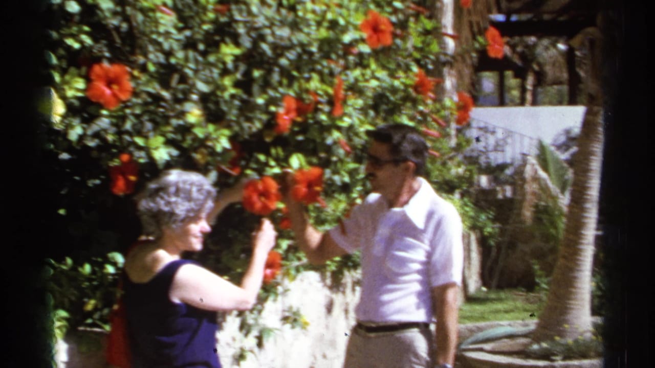 Man and woman pose beside red hibiscus flowers in a sunny garden.