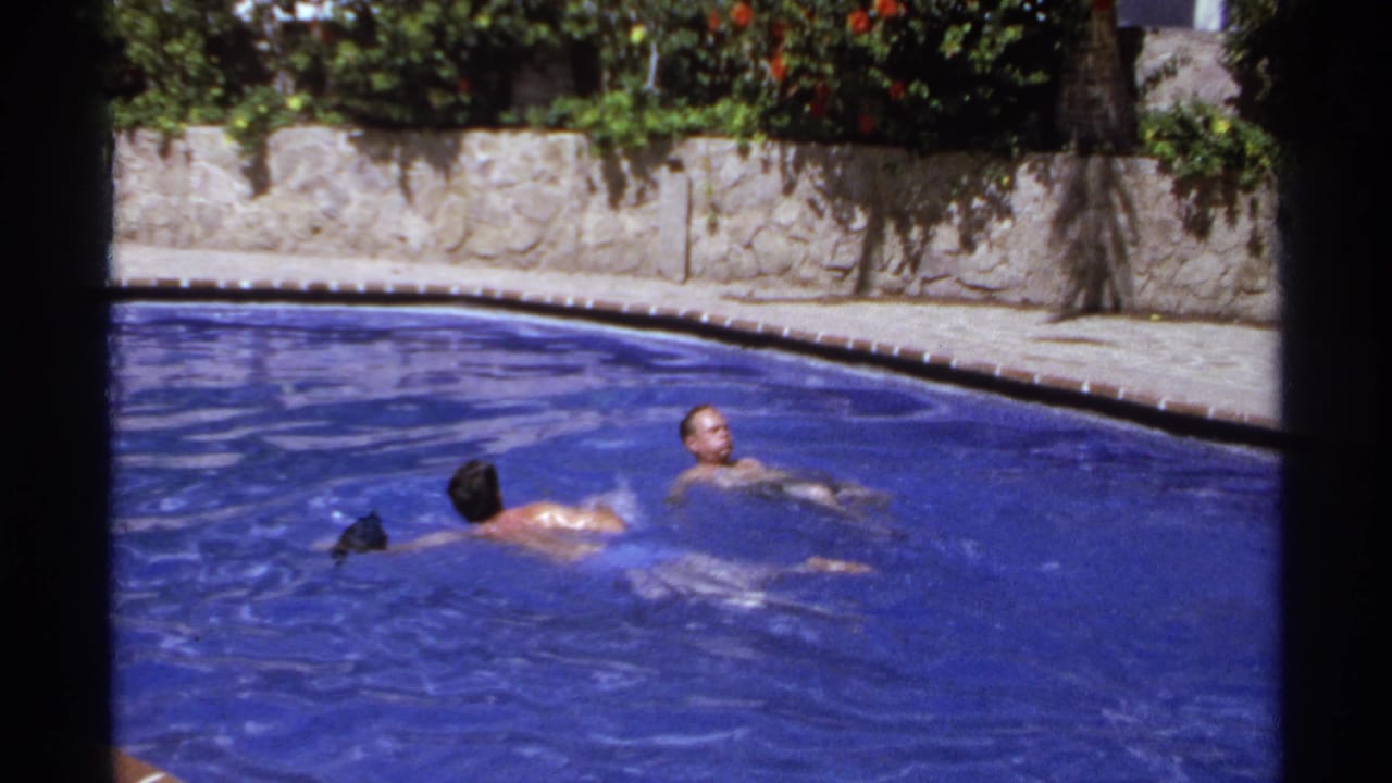 Two swimmers are partly submerged in a blue pool near a stone wall and plants.