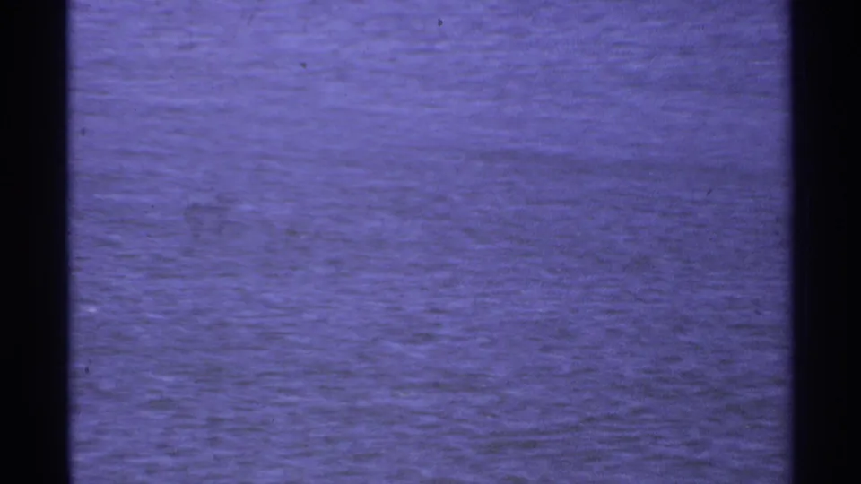 Aged 8mm view of Cabo San Lucas ocean water, tinted blue-purple with soft texture and contact-sheet border marks.