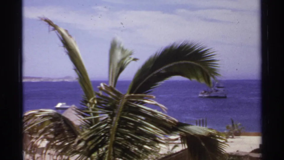 1974 Cabo San Lucas home-movie frame with palm fronds in the foreground, a sandy edge, blue sea, and boats offshore.