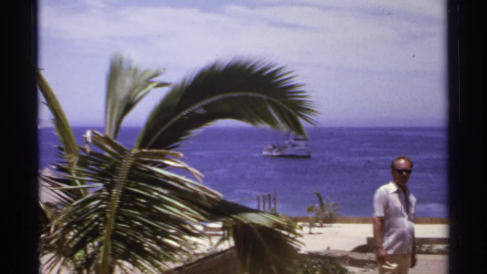 A man in a light shirt and sunglasses appears beside palm fronds with the Cabo San Lucas sea and boats in the background.