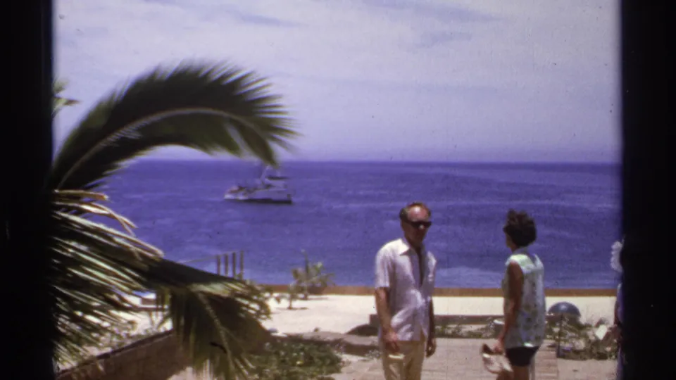 Two adults stand near a beach overlook in Cabo San Lucas, with palm fronds, blue water, and a boat visible beyond them.