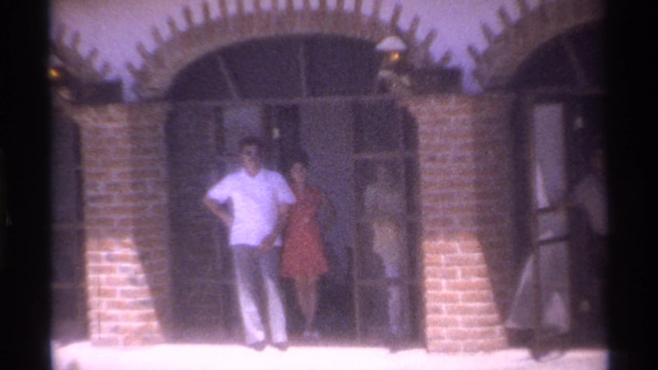 Two adults pose near brick arches and dark metal gates.