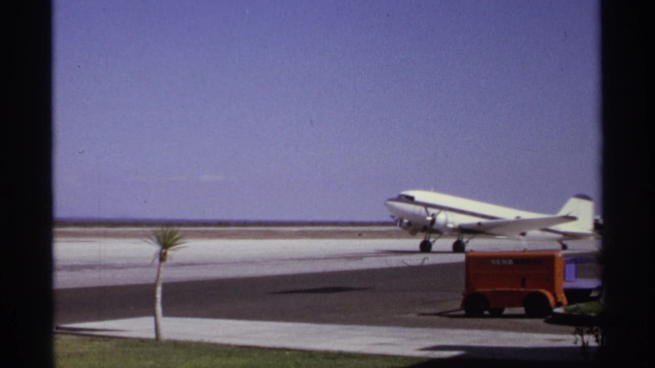 Propeller airliner on the runway with palm trees and an orange service vehicle in front.