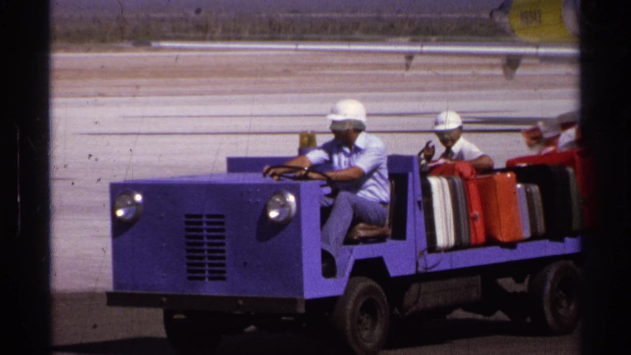 Purple baggage vehicle carries suitcases across the airport tarmac.