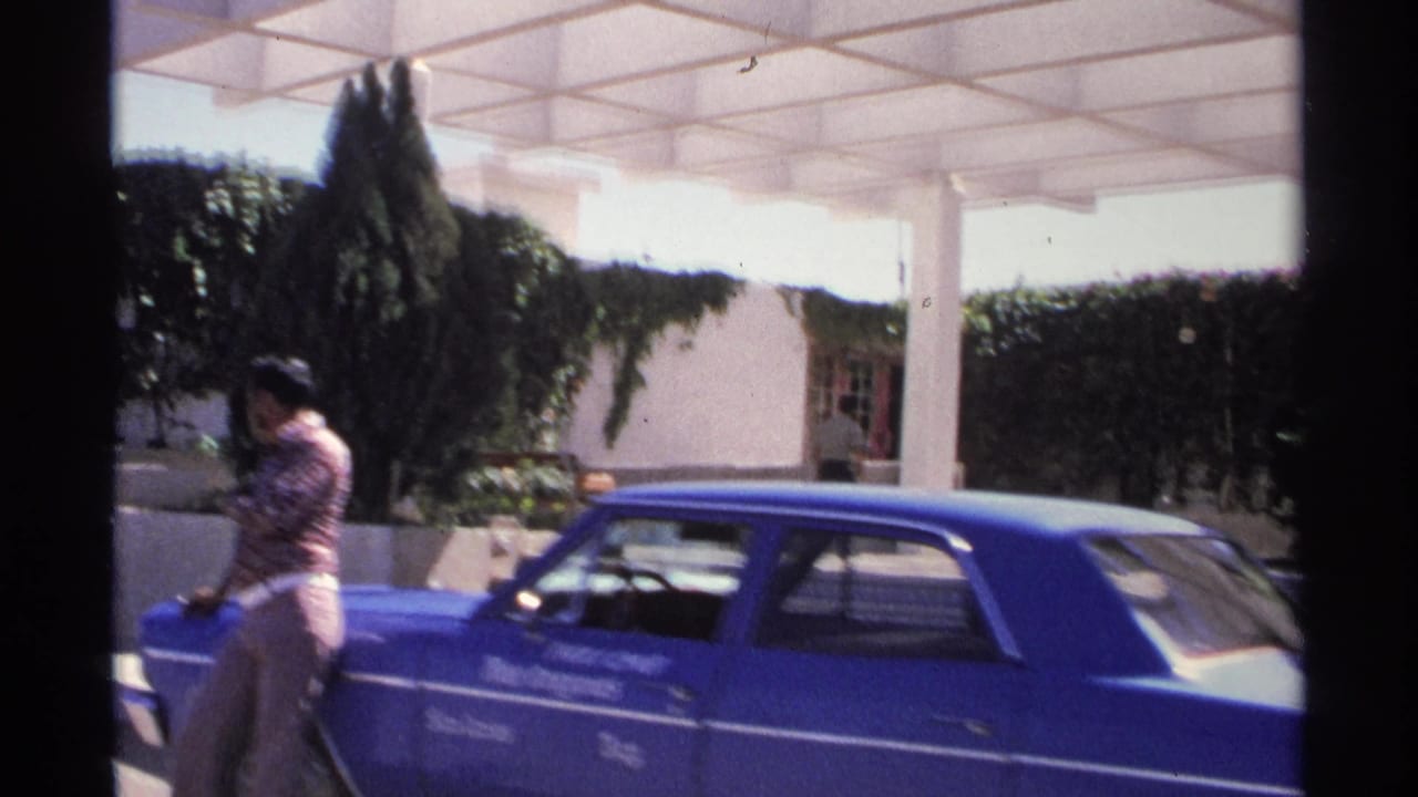 Man in patterned shirt leans by a blue car near a white pergola and another blue sedan.